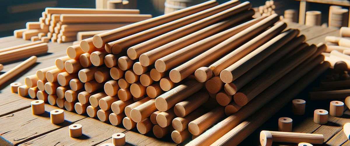 A pile of freshly milled wooden dowels on a workshop table