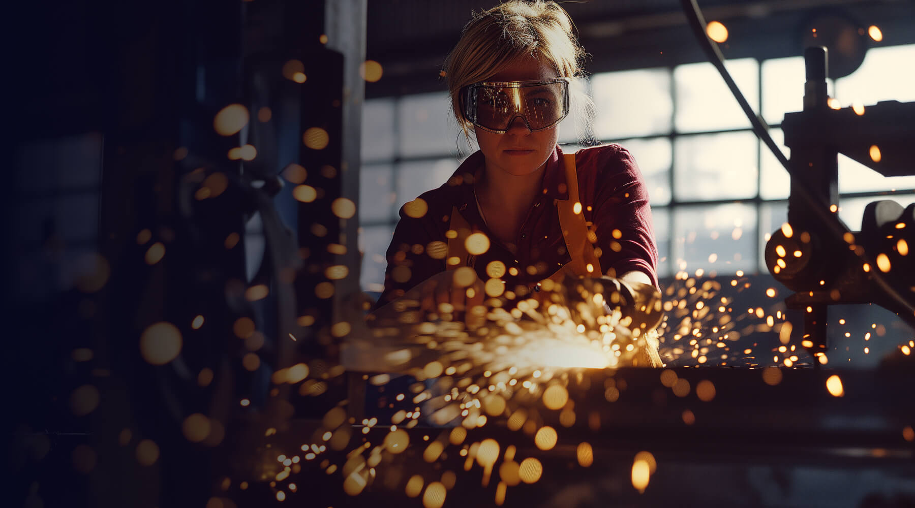 Woman with safety goggles cutting steel, sparks flying everywhere.