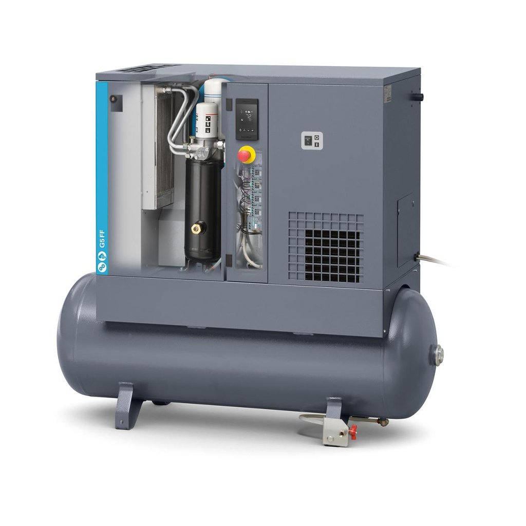 Atlas Copco G5-145T AFF Air Compressor, 53 gallon, 230V gray and blue.