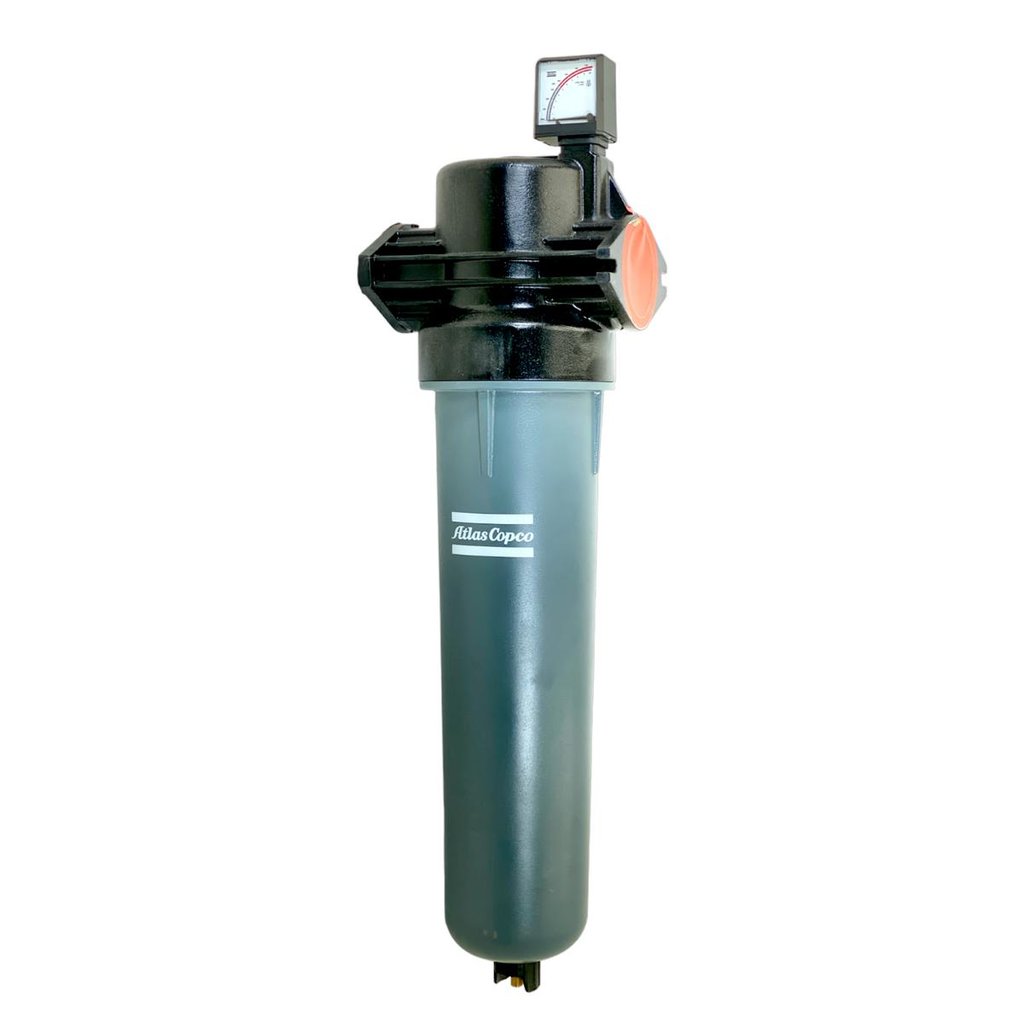 Atlas Copco PD45+ NPT coalescing filter with pressure gauge.