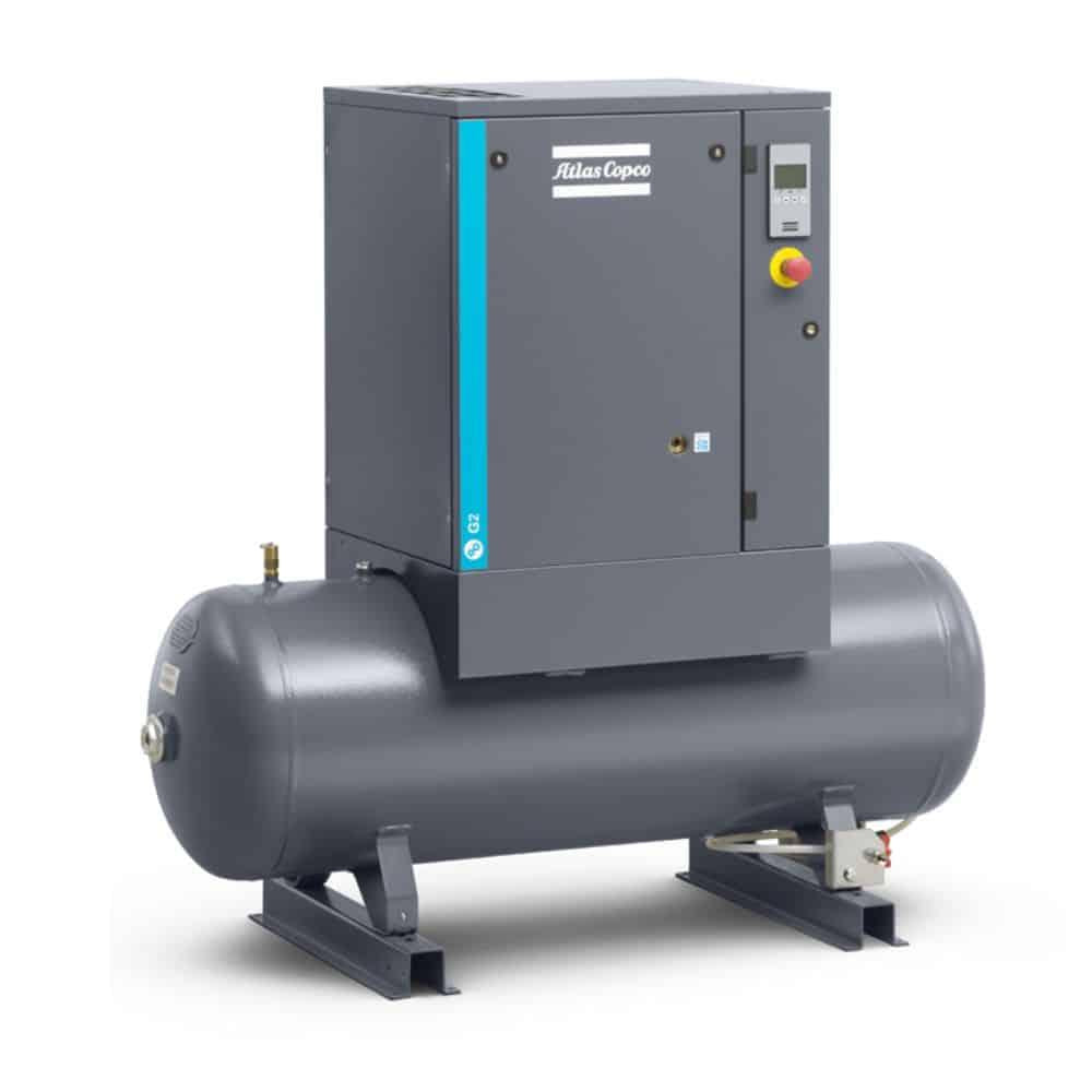 Atlas Copco G2-145T AFF 230/1 air compressor, 53 gallons, on white background.