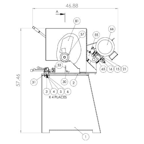 Technical diagram of Kalamazoo KM16-18 18 Heavy Duty Mitre Saw.