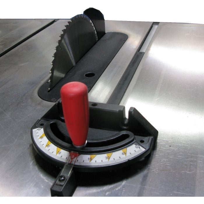 Oliver 10 Heavy Duty Table Saw close-up showcasing blade and angle adjustment.