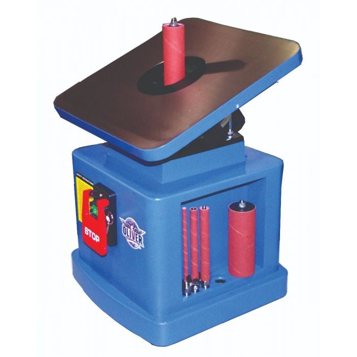 Oliver Bench Top Spindle Sander 1/2HP 1Ph on display, blue body with work table and spindles.