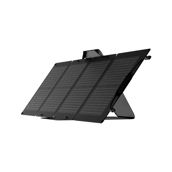 EcoFlow 110W Solar Panel positioned upright on green background.
