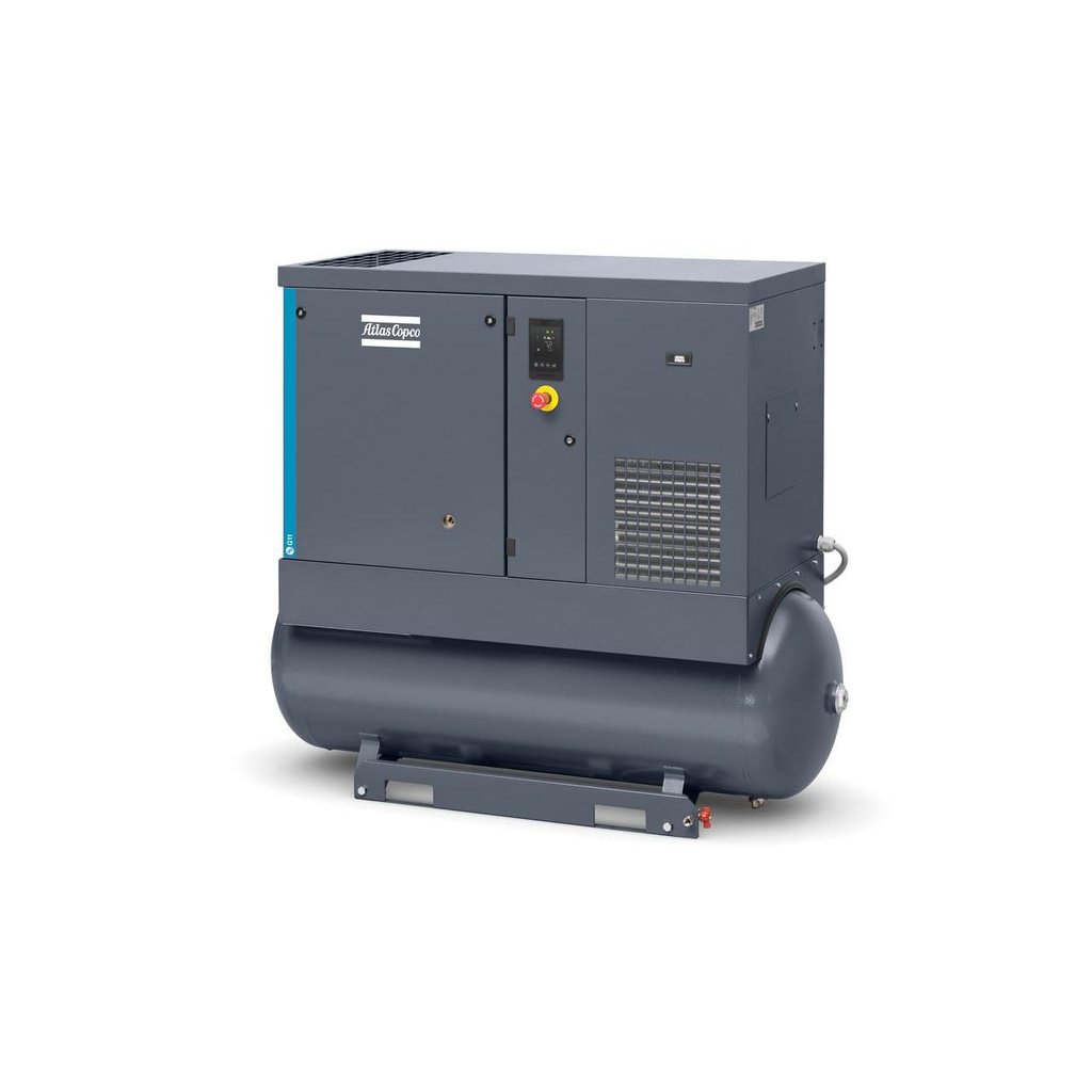 Atlas Copco G11-150 AP air compressor with 71-gal tank and aftercooler.