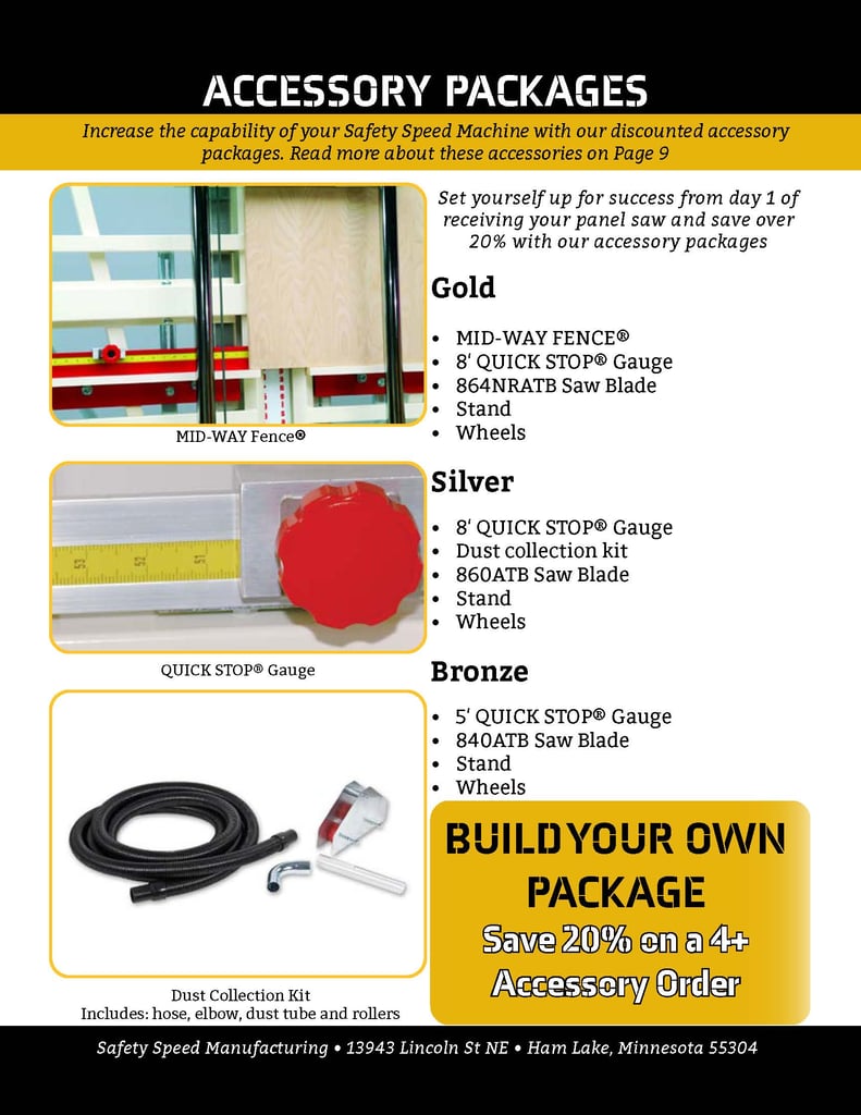 Vertical Panel Saw Gold Package with Mid-Way Fence, Wheels, Quick Stop Gauge, and Dust Collection Kit from Safety Speed.