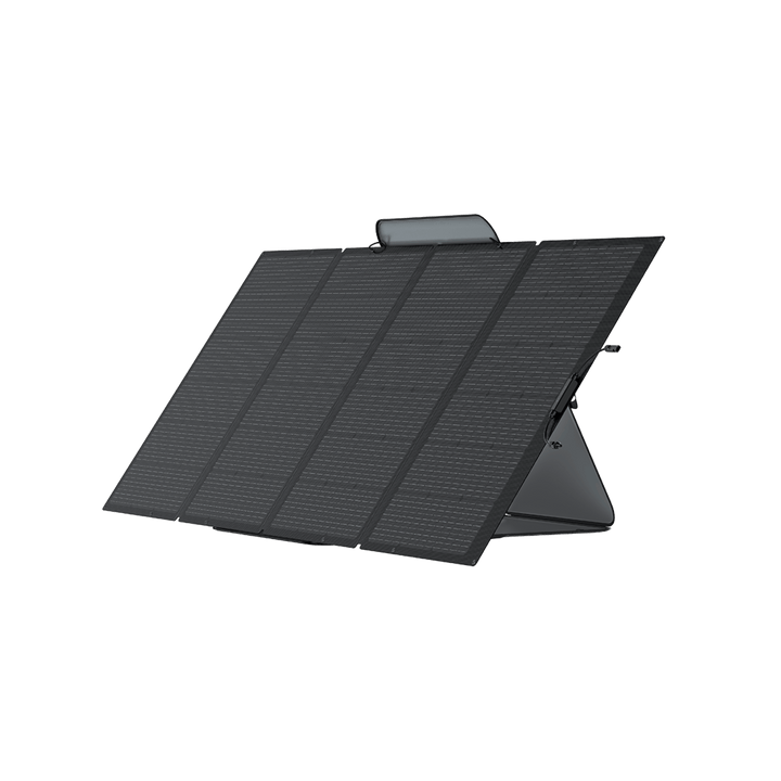 EcoFlow 400W portable solar panel unfolded on a green background.