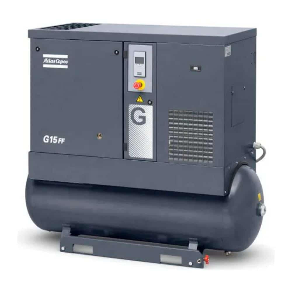 Atlas Copco G15-150 AP air compressor with 71-gal tank and aftercooler.