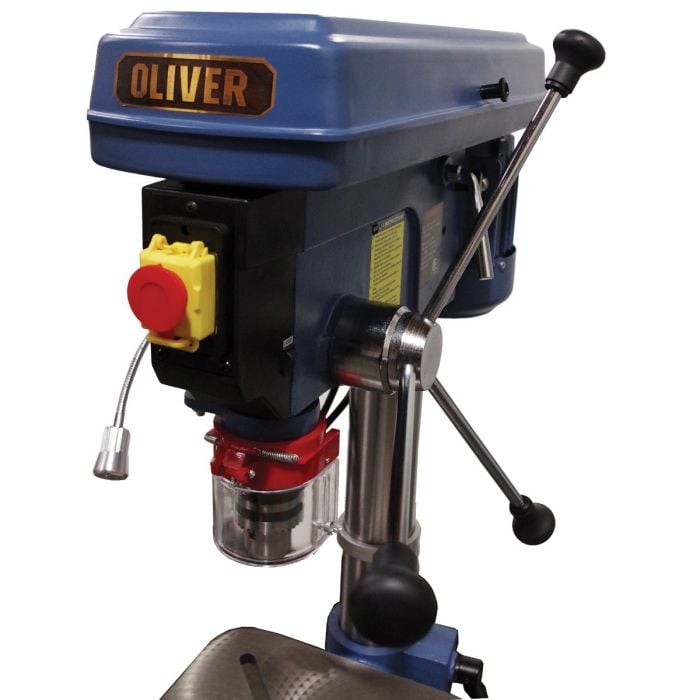 Oliver 17 swing floor model drill press with blue and red detail.