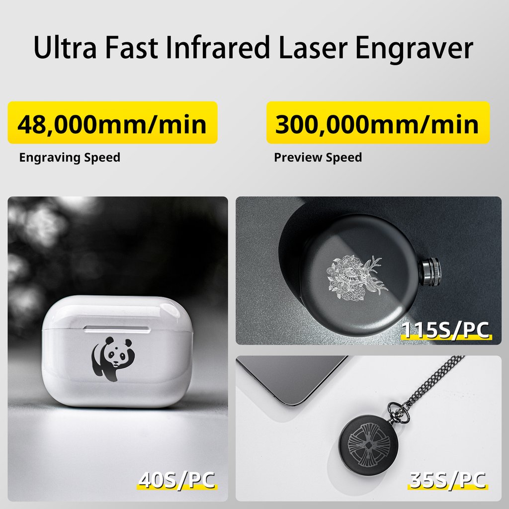 LaserPecker 3 Basic engraver and cutter showcasing engraving speeds and products.